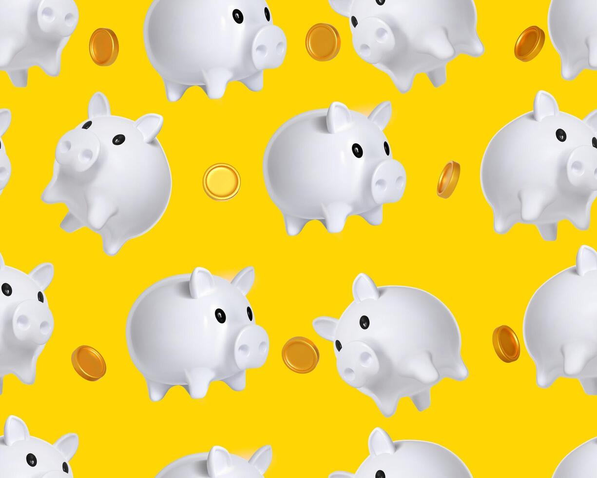 Seamless pattern pink piggy banks on a yellow background. White 3d pig. concept of saving money, savings, pattern. Investments and saving money backdrop, finance decor, endless print. vector