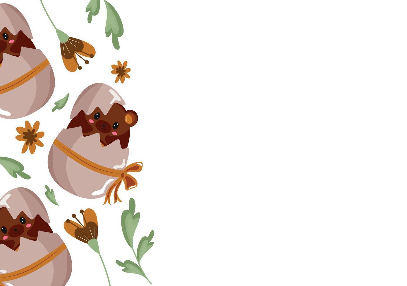 poster with an icon of a brown bear sitting in a brown egg with a bow and brown flowers, design for Easter decorations vector