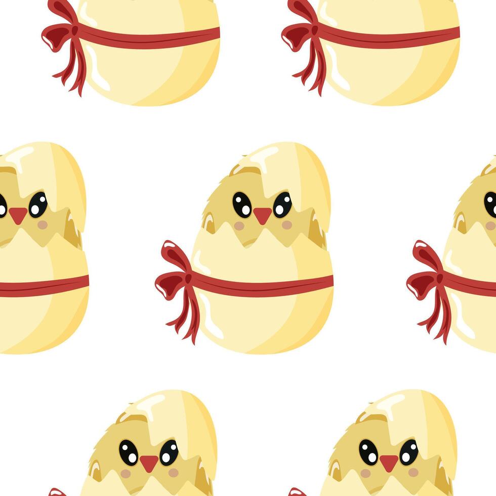 seamless pattern with icons of a yellow chicken sitting in a yellow egg with a bow, design for Easter decorations vector