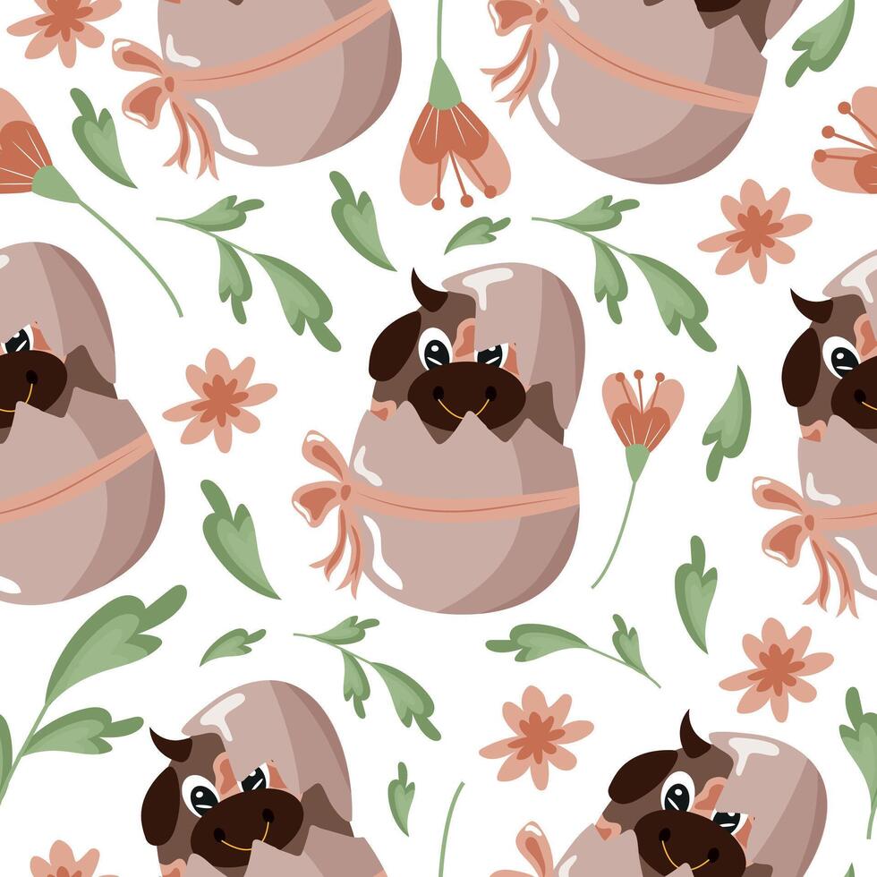 seamless pattern with an icon of a brown bull sitting in a brown egg with a bow and brown flowers, design for Easter decorations vector