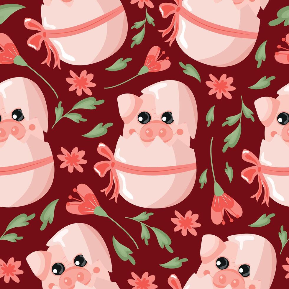 seamless pattern with an icon of a pink pig sitting in a pink egg with a bow and colorful flowers on a pink background, design for Easter decorations vector