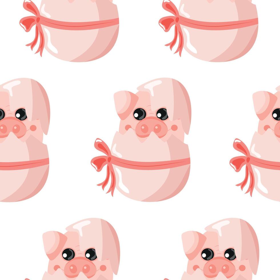 seamless pattern with an icon of a pink pig sitting in a pink egg with a bow, design for Easter decorations vector