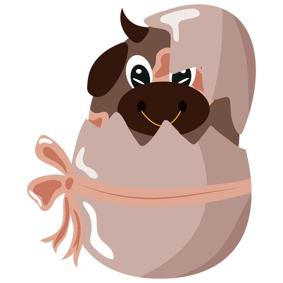 icon of a brown bull sitting in a brown egg with a bow, design for Easter decoration vector