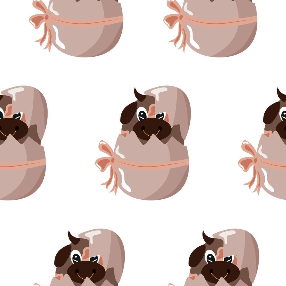 seamless pattern with icon of brown bull sitting in brown egg with bow, design for Easter decorations vector