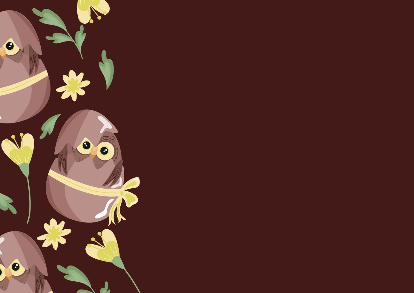 poster template with an icon of a brown owl sitting in a brown egg with a bow and with colorful flowers on a brown background, design for Easter decorations vector