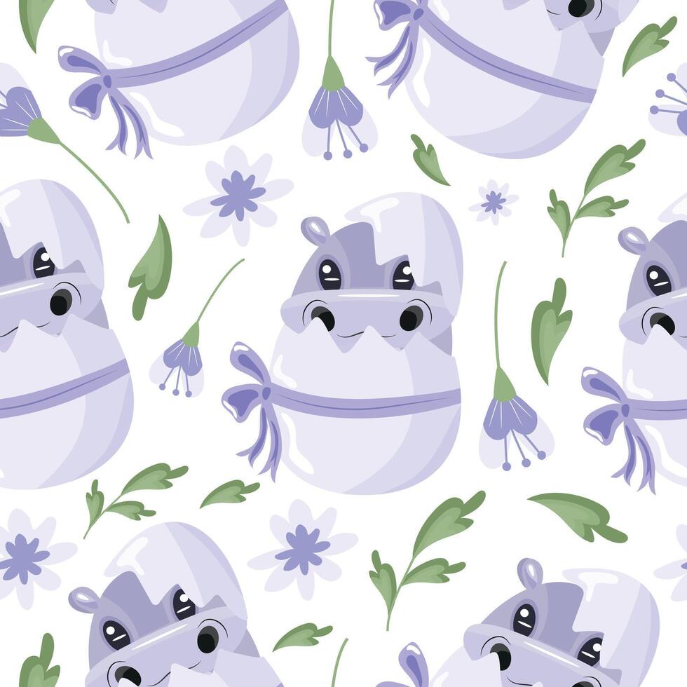 seamless pattern with icon of purple hippo sitting in purple egg with bow with purple flowers, design for Easter decorations vector