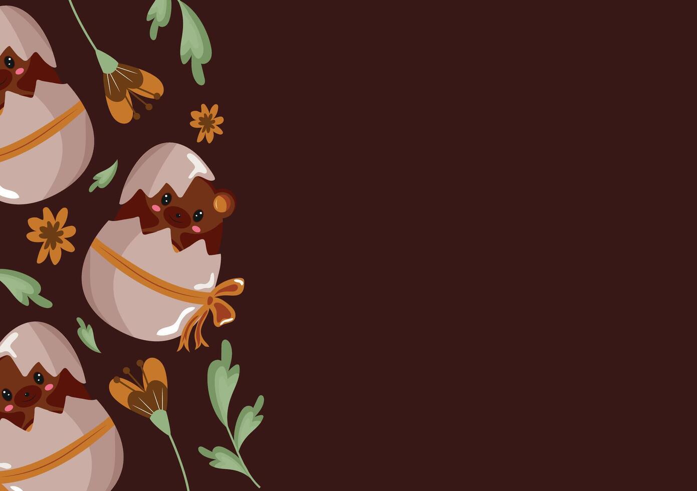 poster with an icon of a brown bear sitting in a brown egg with a bow and brown flowers on a brown background, design for Easter decoration vector