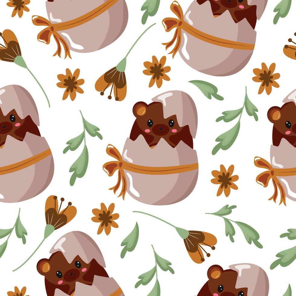 seamless pattern with an icon of a brown bear sitting in a brown egg with a bow and brown flowers, design for Easter decoration vector