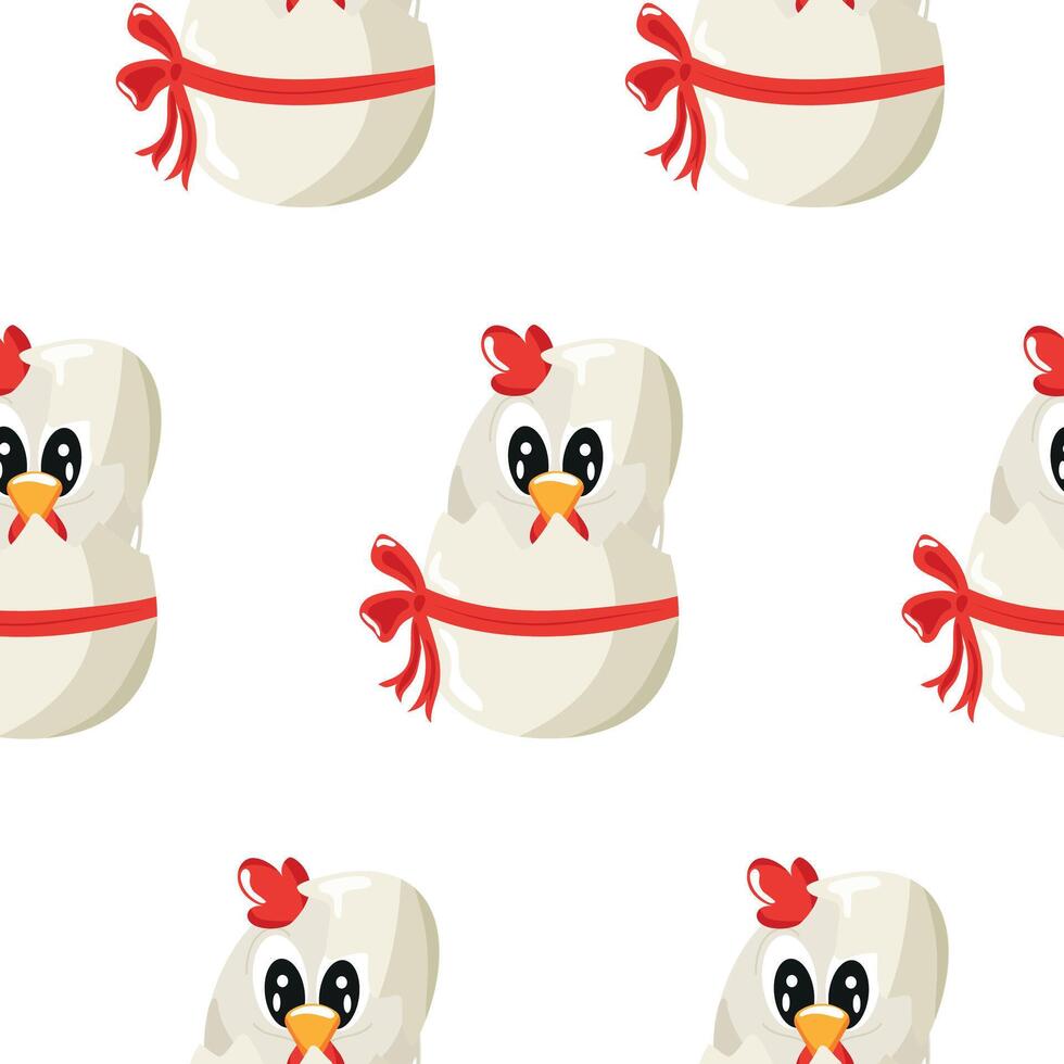 seamless pattern with an icon of a white rooster sitting in a white egg with a bow, design for Easter decorations vector