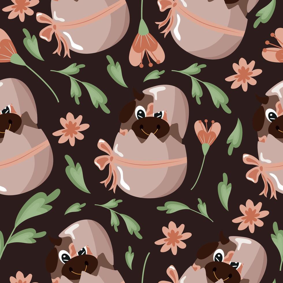 seamless pattern with an icon of a brown bull sitting in a brown egg with a bow and brown flowers on a brown background, design for Easter decorations vector