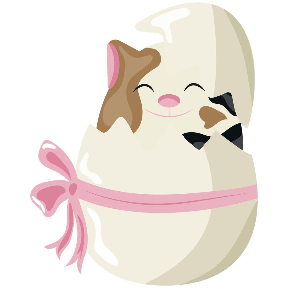 con of a spotted cat sitting in a white egg with a bow, design for Easter decorations vector