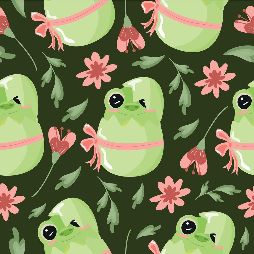 seamless pattern with icon of green frog sitting in green egg with bow and pink flowers on green background, design for Easter decorations vector