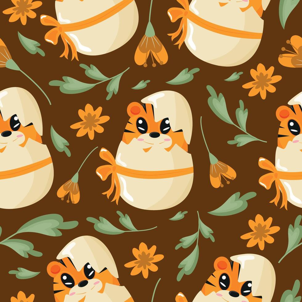 seamless pattern with an icon of an orange tiger sitting in an orange egg with a bow with orange flowers on an orange background, design for Easter decorations vector