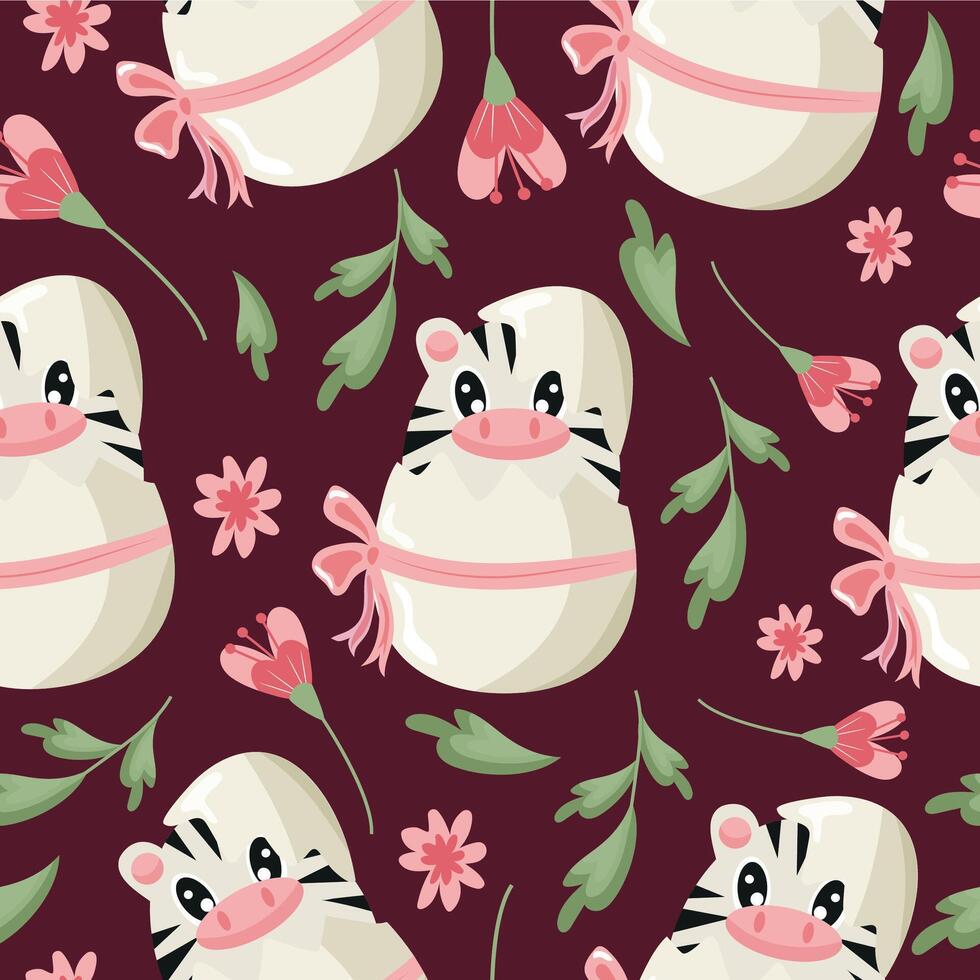 seamless pattern with a zebra icon sitting in a white egg with a bow and pink flowers on a pink background, design for Easter decorations vector