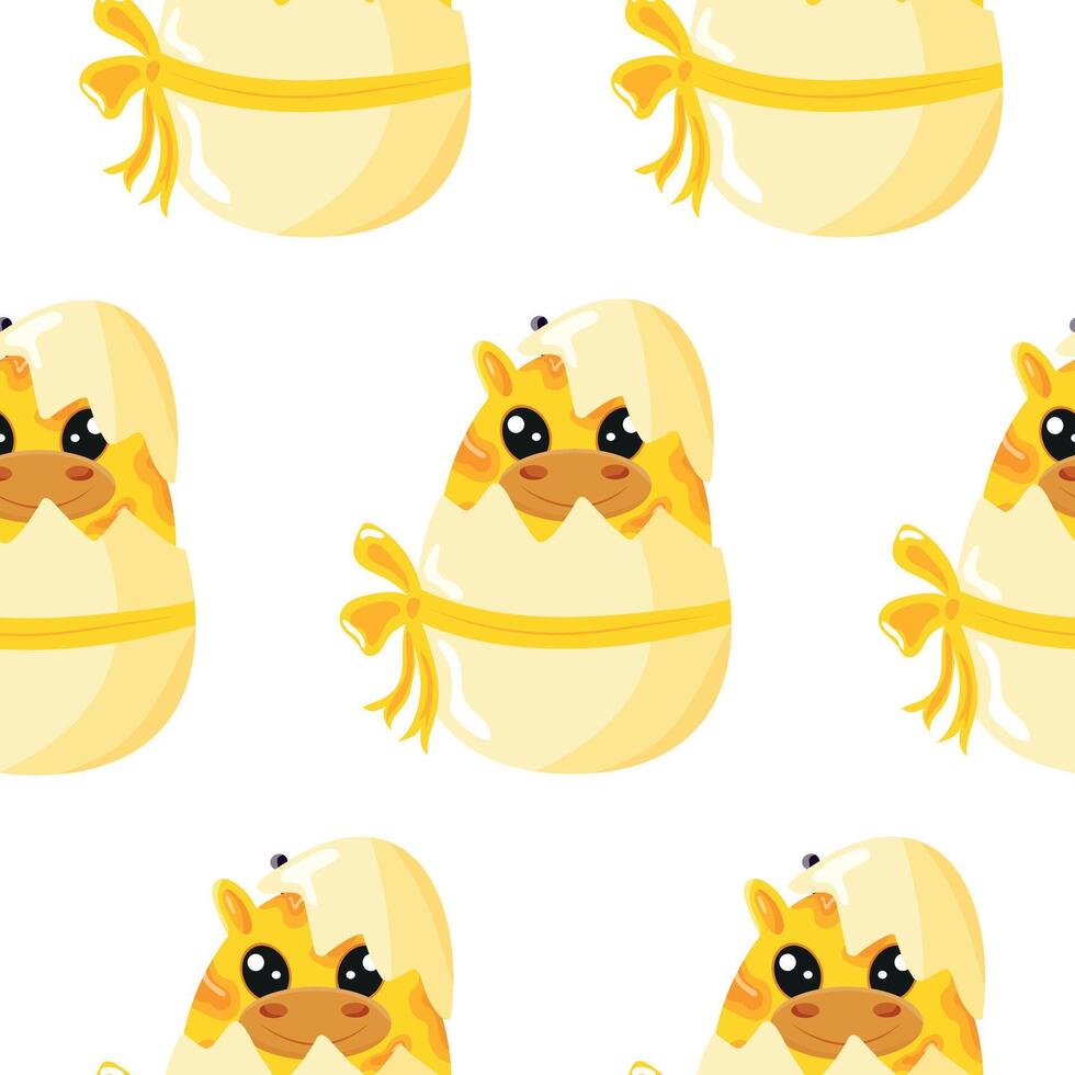 seamless pattern with icons of a yellow giraffe sitting in a yellow egg with a bow, design for Easter decorations vector