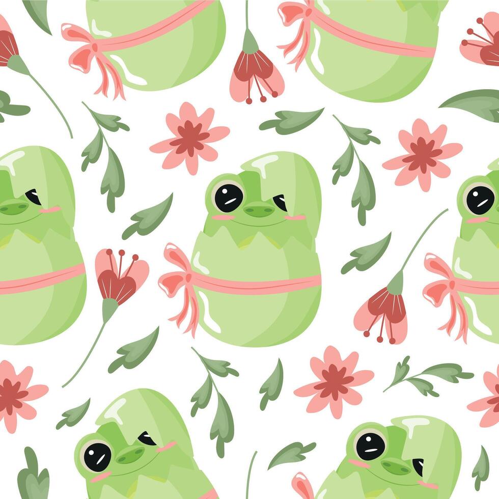 seamless pattern with icon of green frog sitting in green egg with bow and pink flowers, design for Easter decorations vector