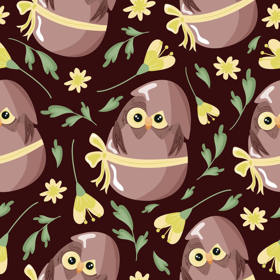 seamless pattern with an icon of a brown owl sitting in a brown egg with a bow and with colorful flowers on a brown background, design for Easter decorations vector