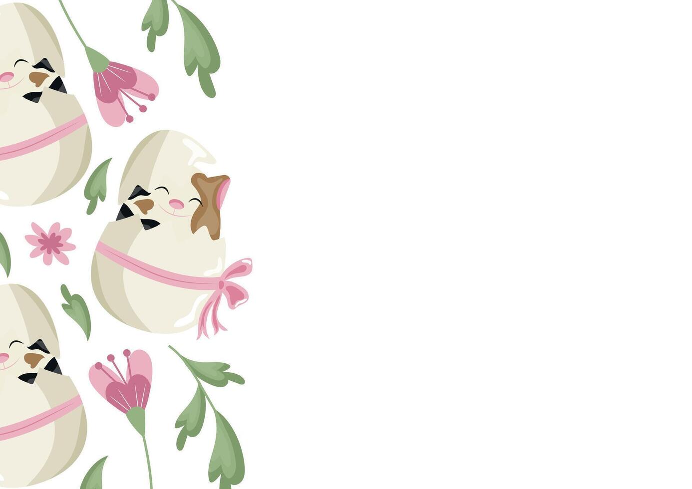 poster template with icons of a spotted cat sitting in a white egg with a bow and colorful flowers, design for Easter decorations vector