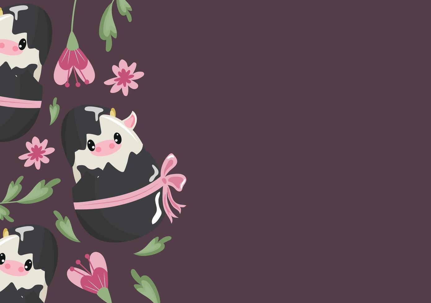 poster with an icon of a spotted cow sitting in a black egg with a bow and pink flowers on a pink background, design for Easter decorations vector