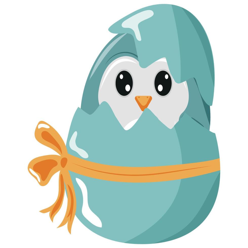 icon of a blue penguin sitting in a blue egg with a bow, design for Easter decorations vector