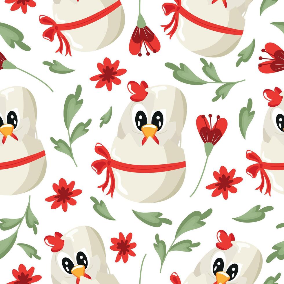 seamless pattern with an icon of a white rooster sitting in a white egg with a bow and red flowers, design for Easter decoration vector