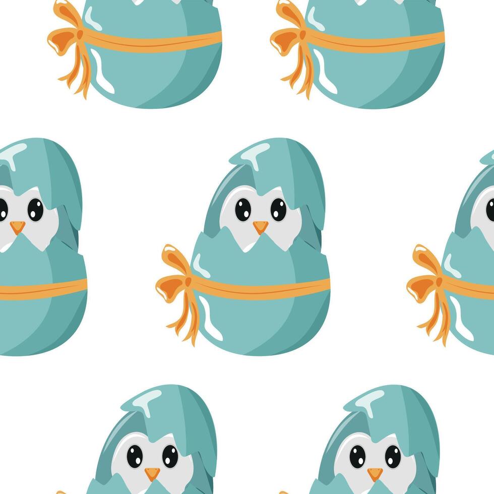 seamless pattern with an icon of a blue penguin sitting in a blue egg with a bow, design for Easter decorations vector