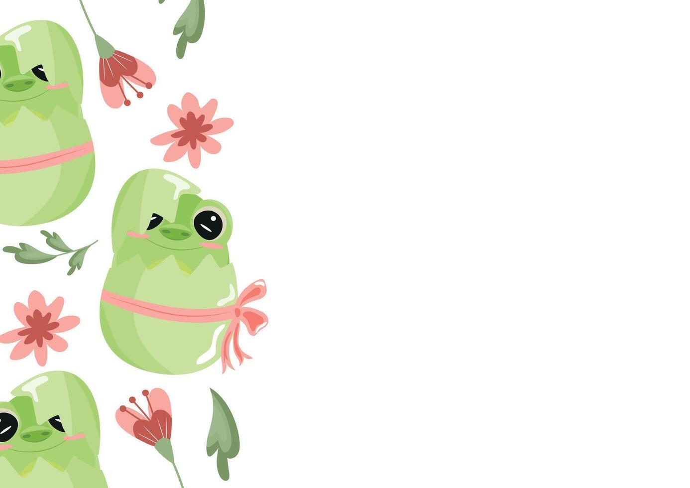 poster with icon of green frog sitting in green egg with bow and pink flowers, design for Easter decorations vector