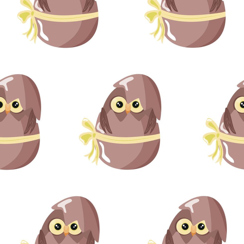 seamless pattern with an icon of a brown owl sitting in a brown egg with a bow, design for Easter decorations vector