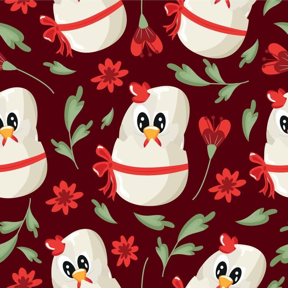 seamless pattern with an icon of a white rooster sitting in a white egg with a bow and red flowers on a red background, design for Easter decorations vector