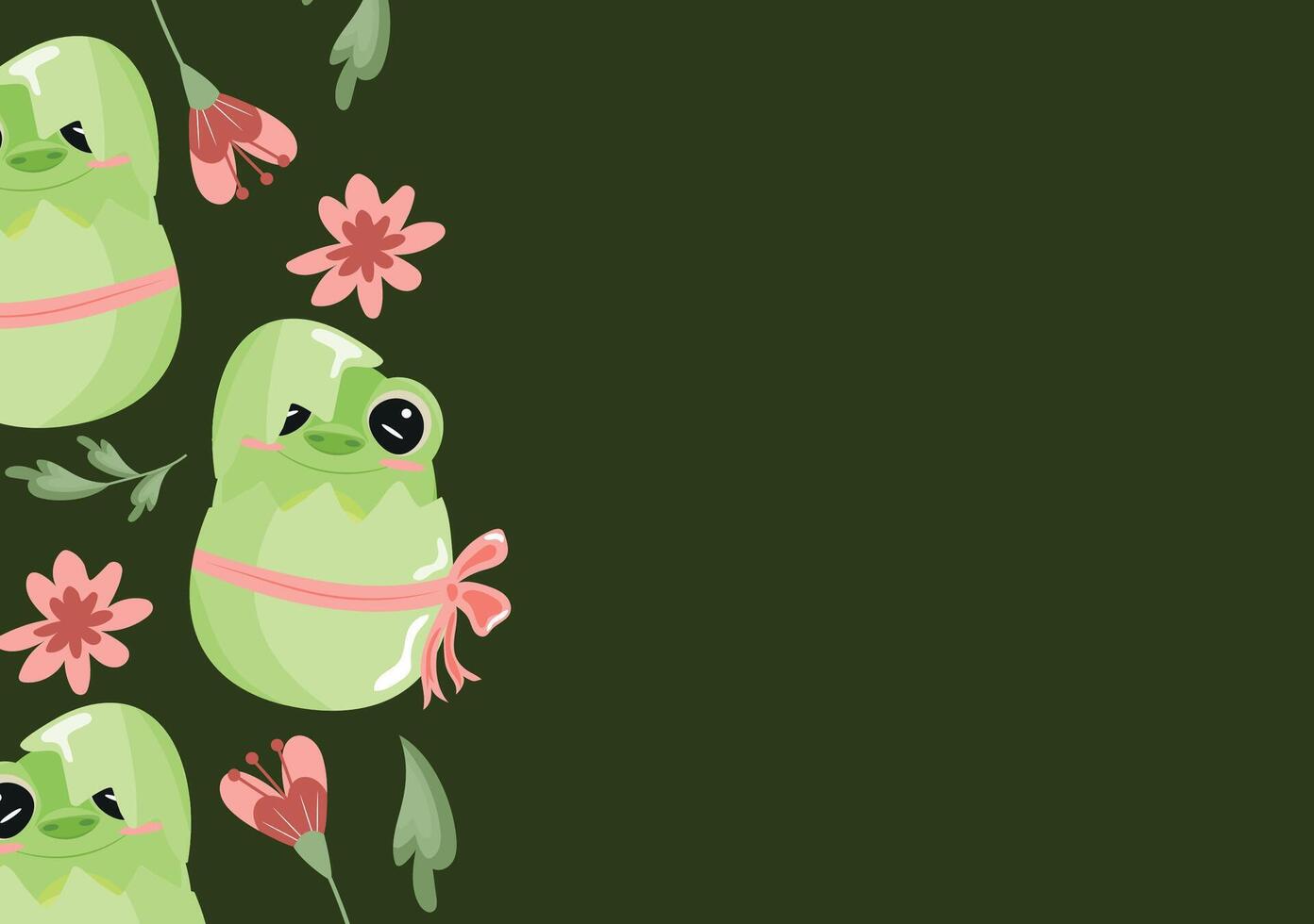 poster with icon of green frog sitting in green egg with bow and pink flowers on green background, design for Easter decorations vector