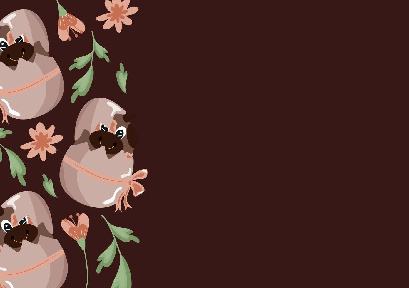 poster with an icon of a brown bear sitting in a brown egg with a bow and brown flowers on a brown background, design for Easter decorations vector