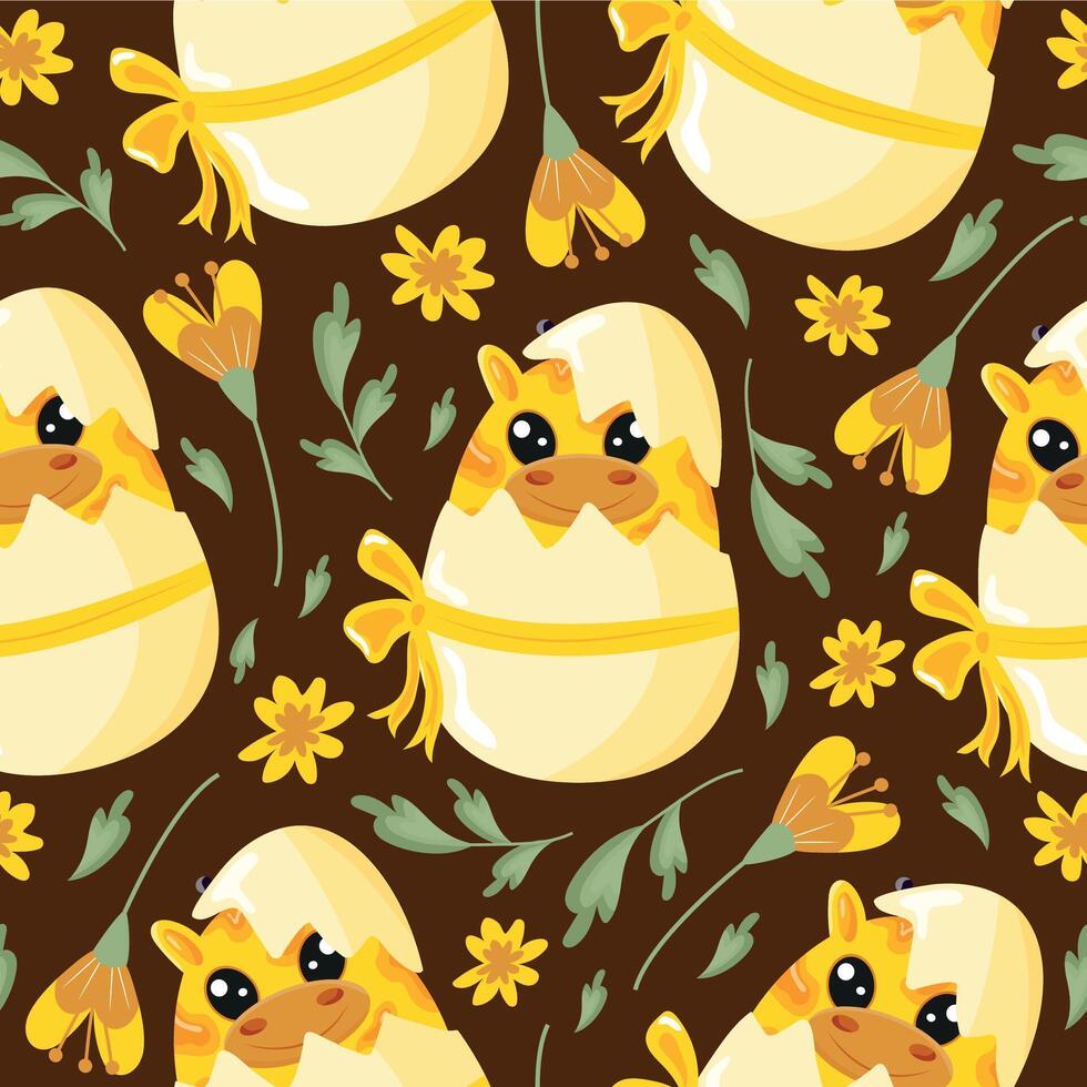 seamless pattern with icons of a yellow giraffe sitting in a yellow egg with a bow with colorful flowers on a brown background, design for Easter decorations vector