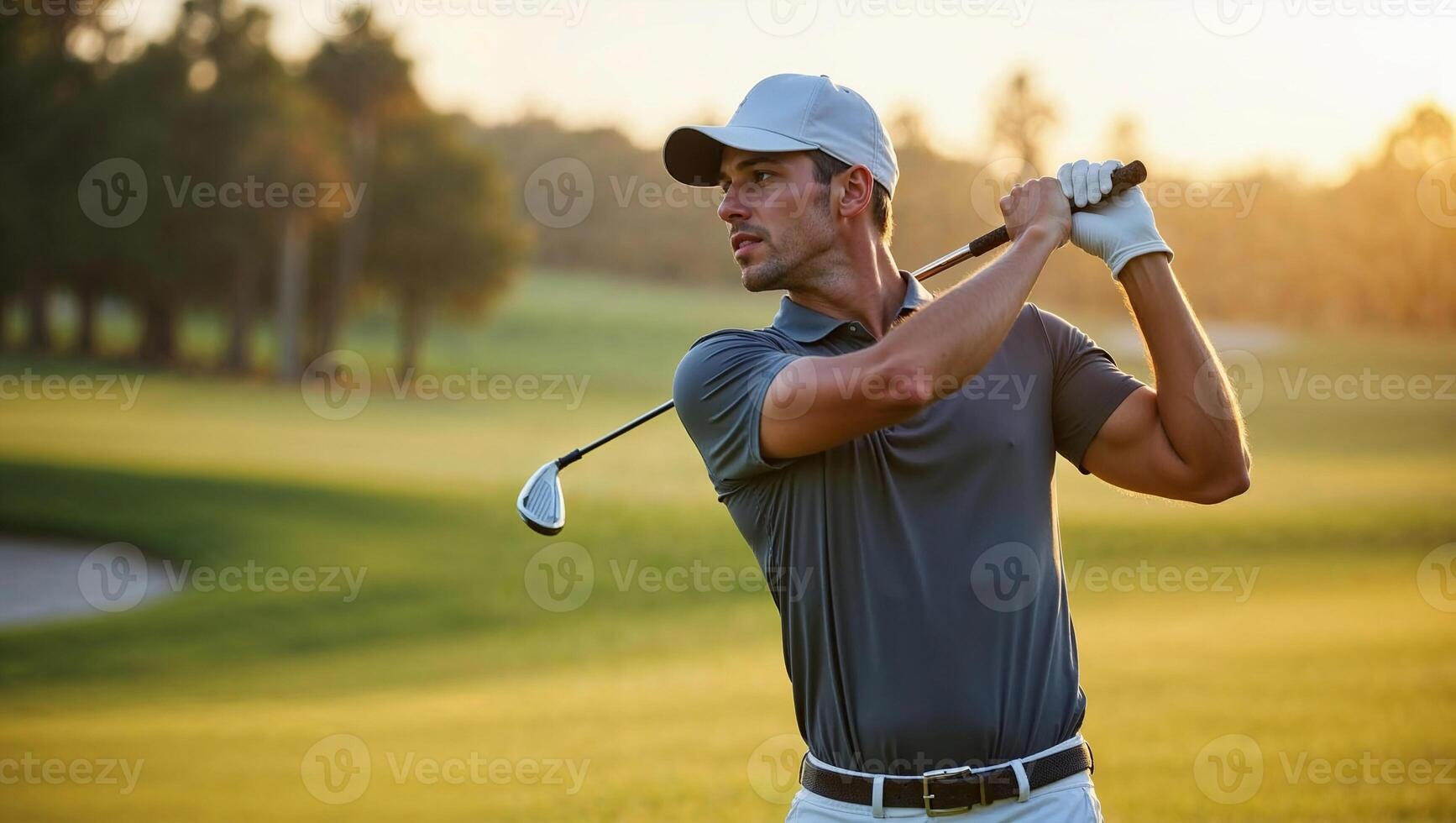 Golfer swinging golf club on course at sunset photo