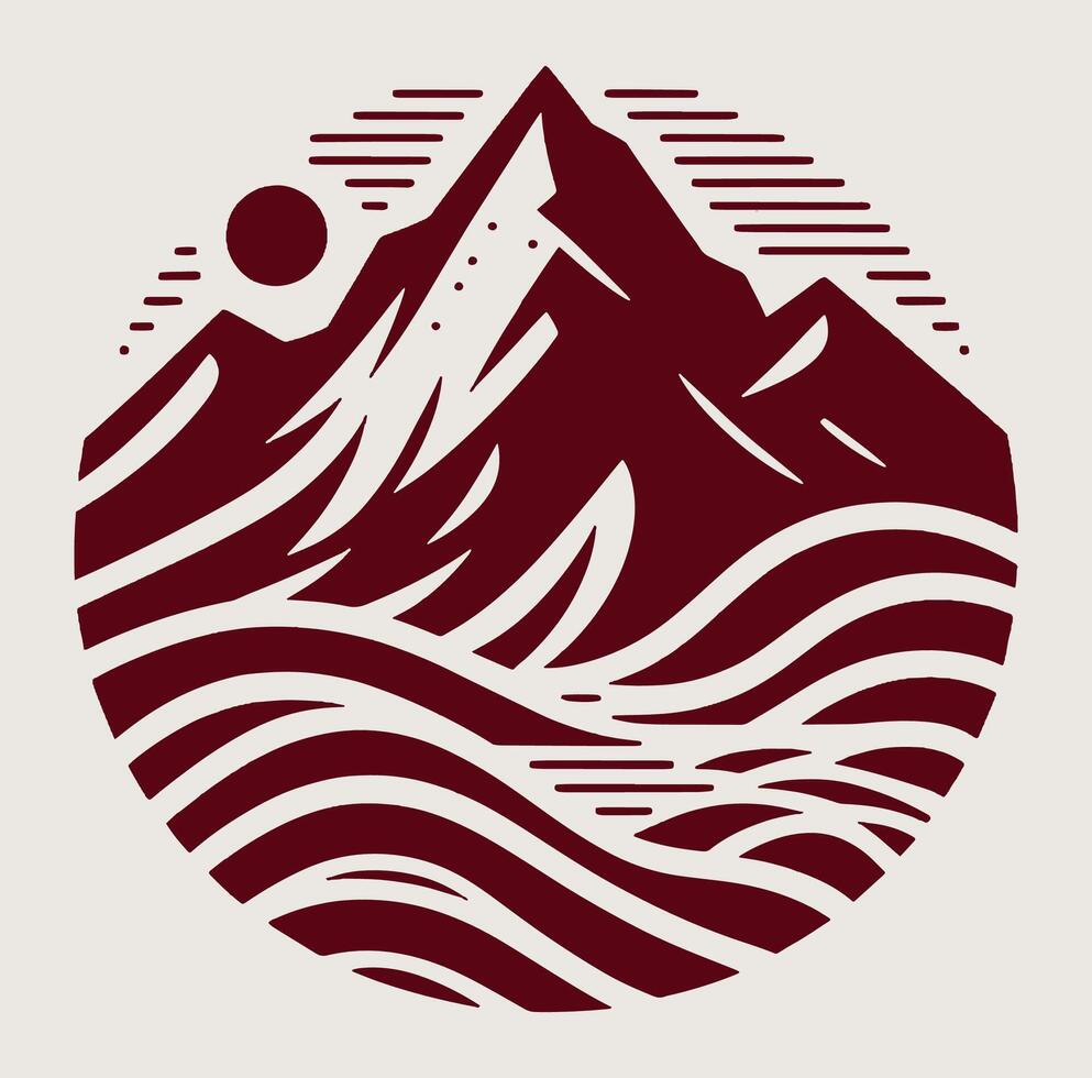 A mountain with waves and a sun in the background on grey. vector