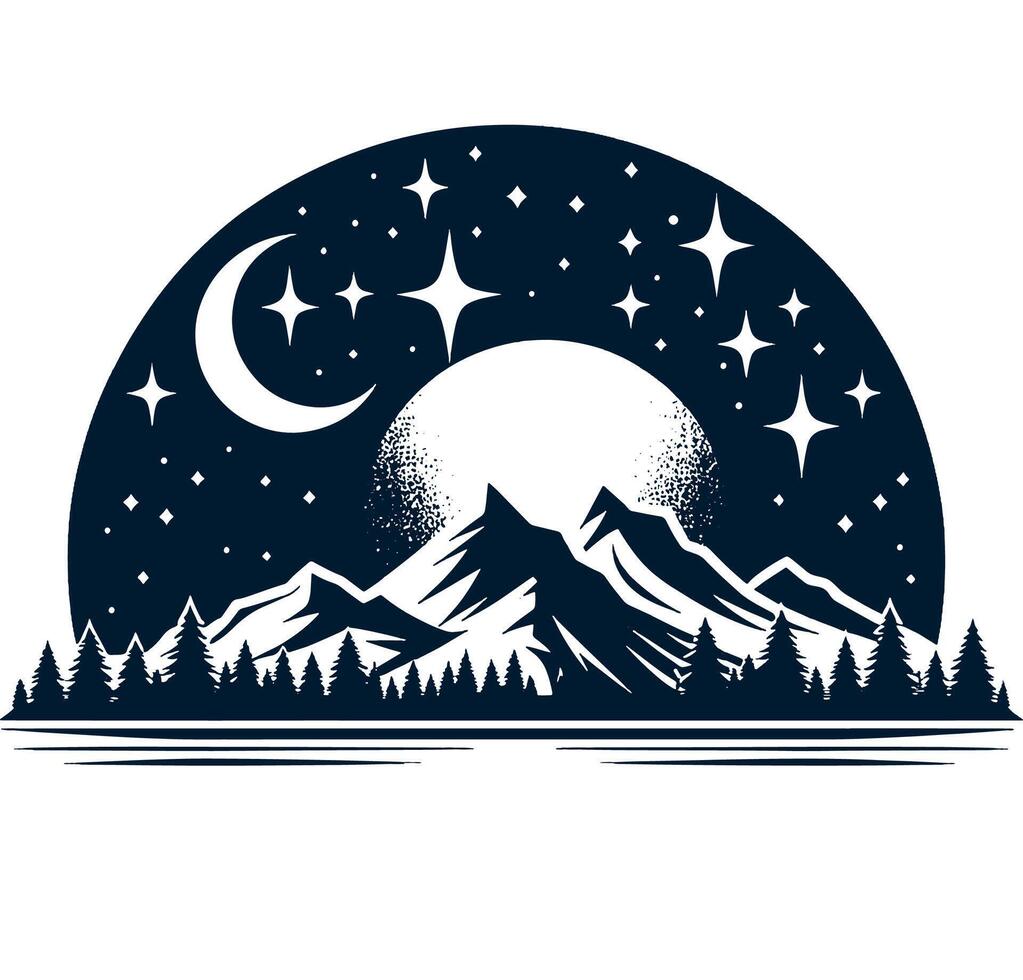 A mountain range with trees and a moon in the sky vector