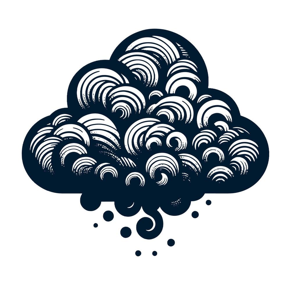 A black and white illustration of a cloud with swirls on white. vector