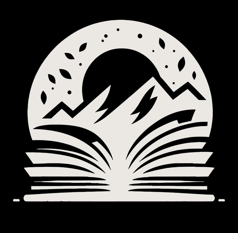 An open book with mountains and a moon. vector