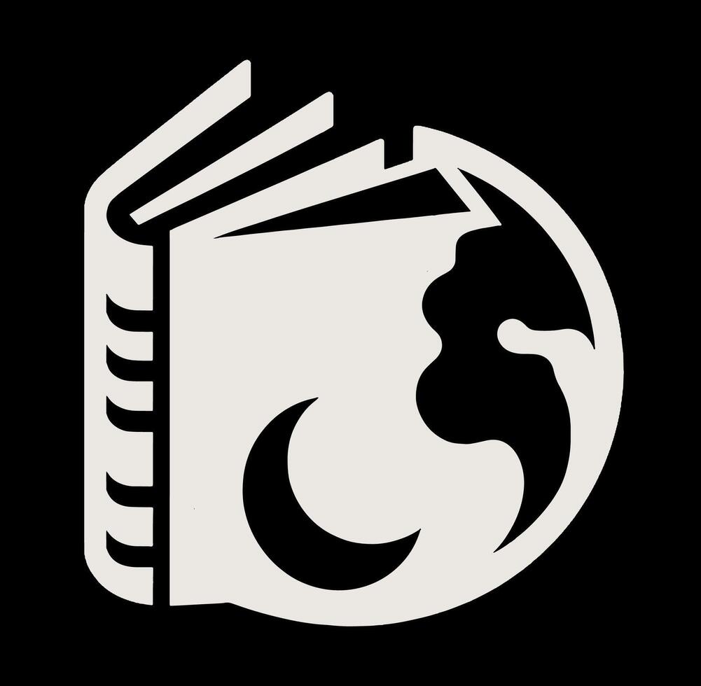 A black and white logo of a book with a moon on it vector