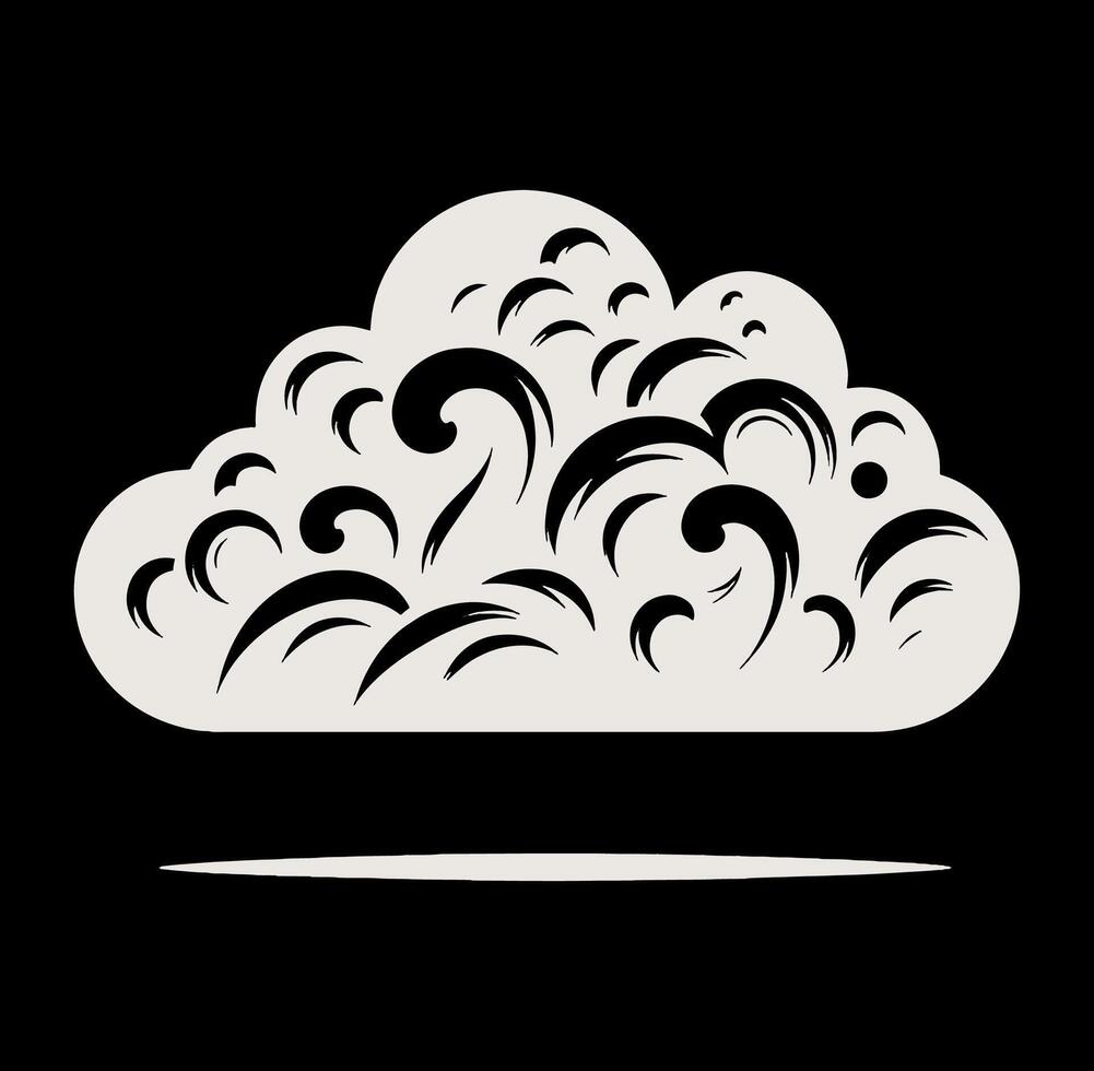 A black and white illustration of a cloud with swirls on black. vector