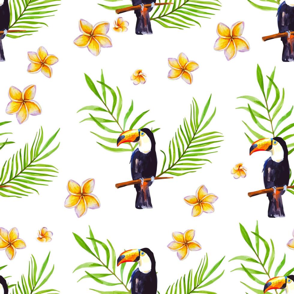 Seamless pattern tropical vibe watercolor tucanos, plumeria flowers and palm leaves vector