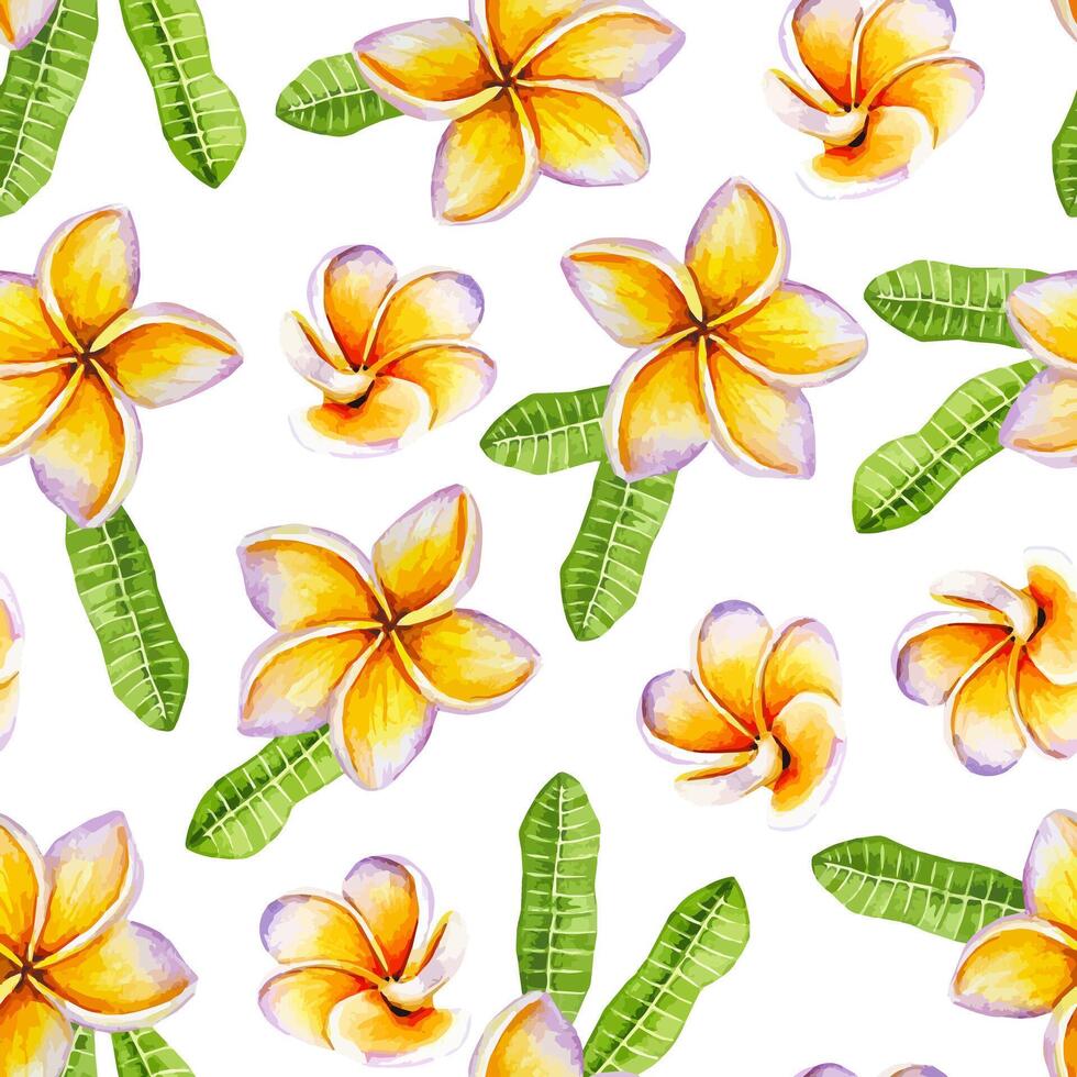 Seamless pattern tropical botany yellow plumeria flowers and green leaves watercolor hand drawn vector