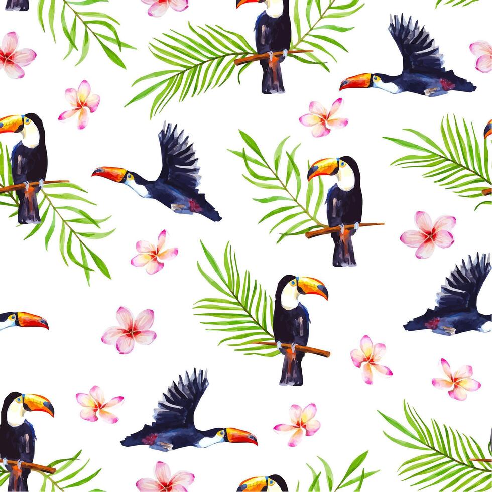 Seamless watercolor pattern tropical vibe tucanos, plumeria pink flowers and palm leaves vector