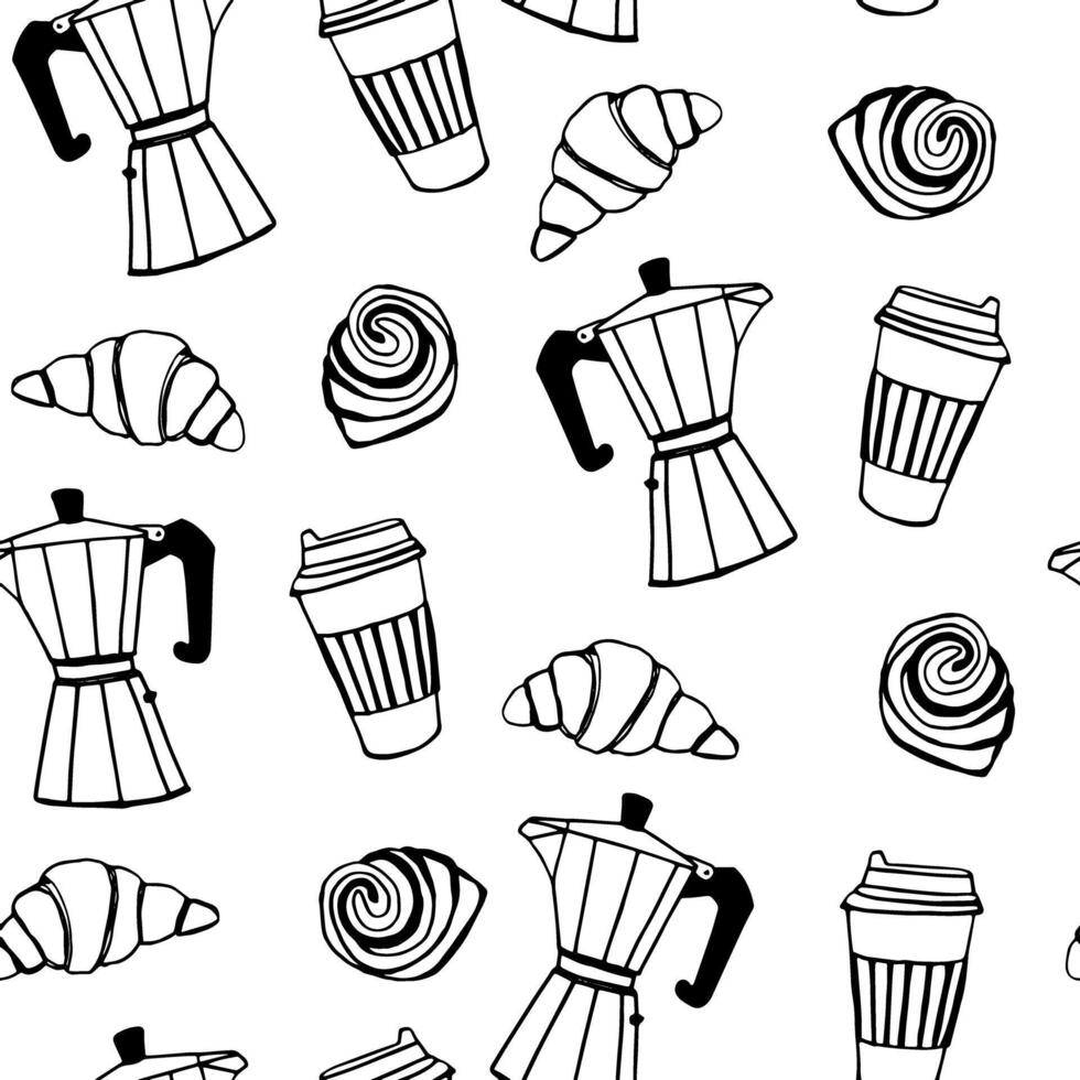 Doodle seamless food and drink pattern coffee and bakery hand drawn vector