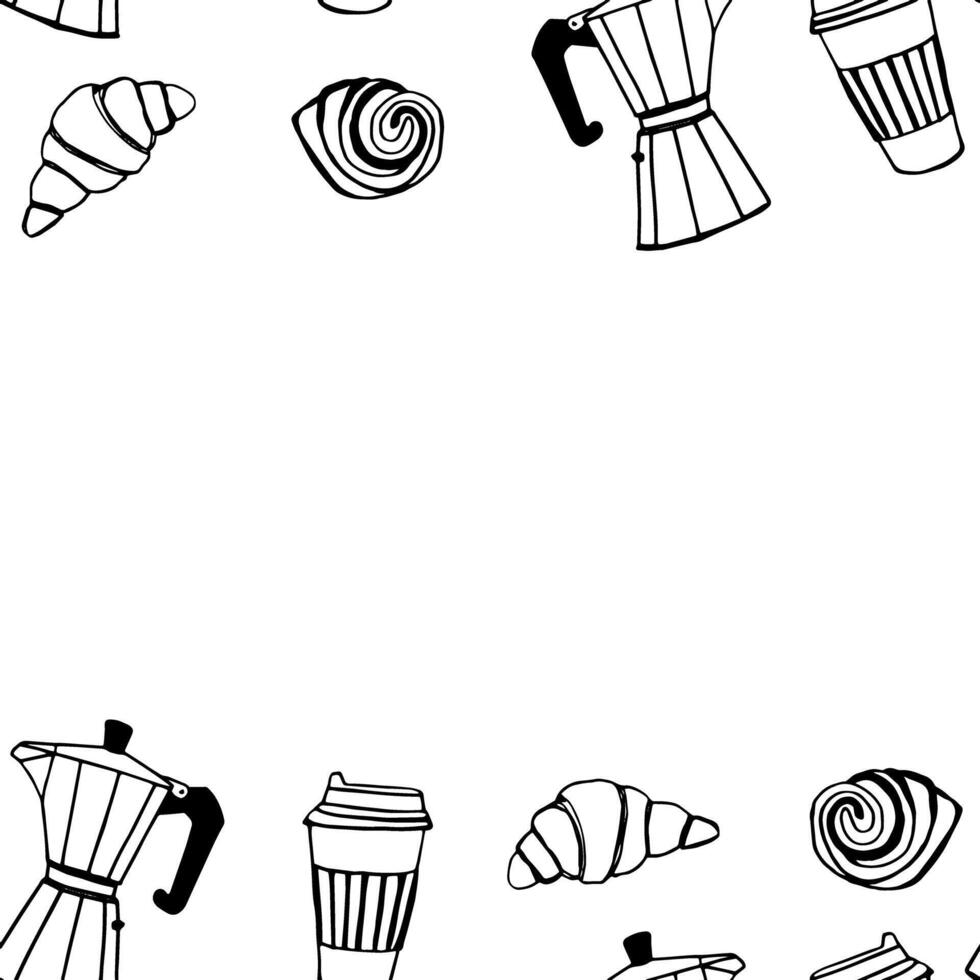 Coffee and bakery seamless frame doodle outline hand drawn for decor vector
