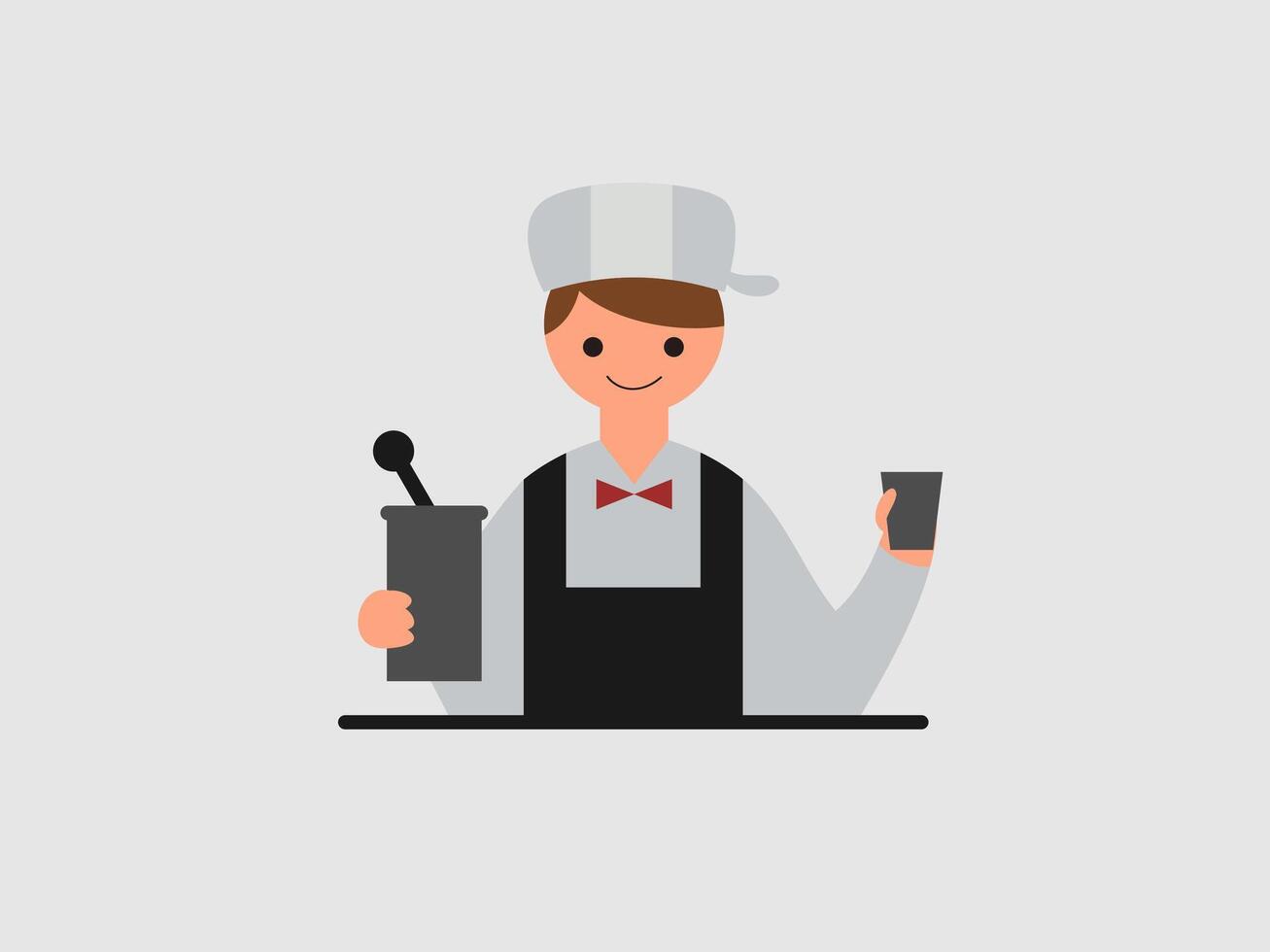 This image features a stylized flat illustration of a bartender against a light gray background vector