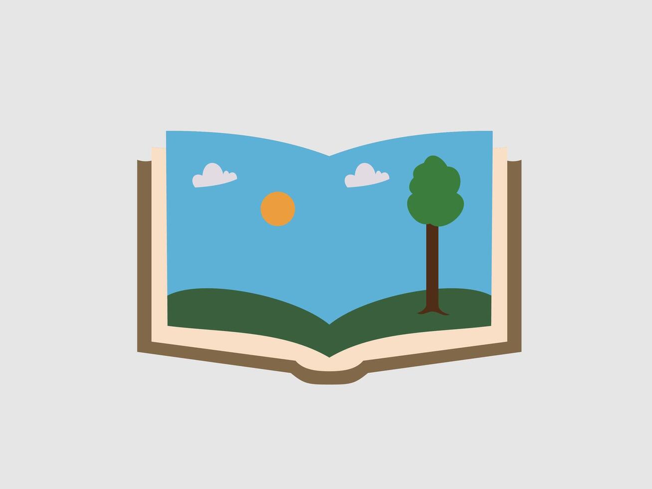 open book displaying a serene landscape scene within its pages vector