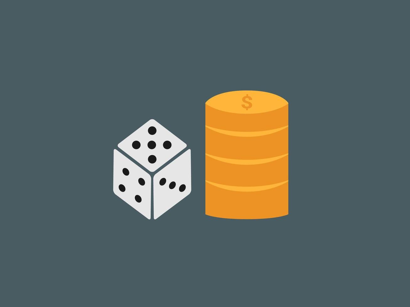 a simplified illustration of a die with pips and a stack of coins with a dollar symbol vector