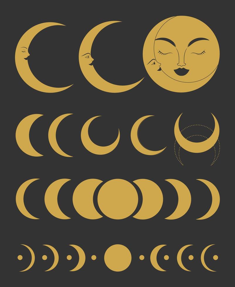 Collection of crescent and moon celestial emblems. Crescents with human face, moon phases, eclipse. Decorative space elements vector