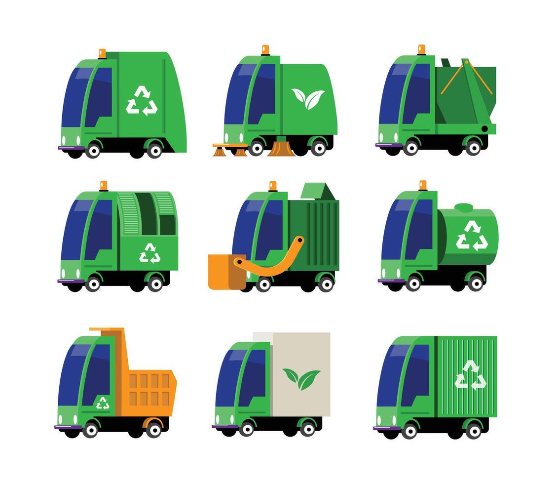 Set of Eco-Friendly Recycling and Garbage Trucks vector