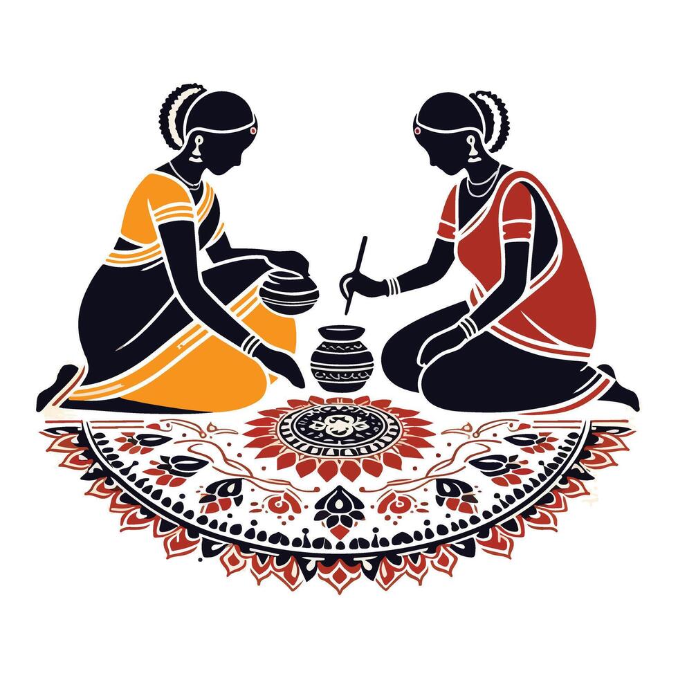 Silhouette Illustration of Women Making Kolam Art Culture Design vector